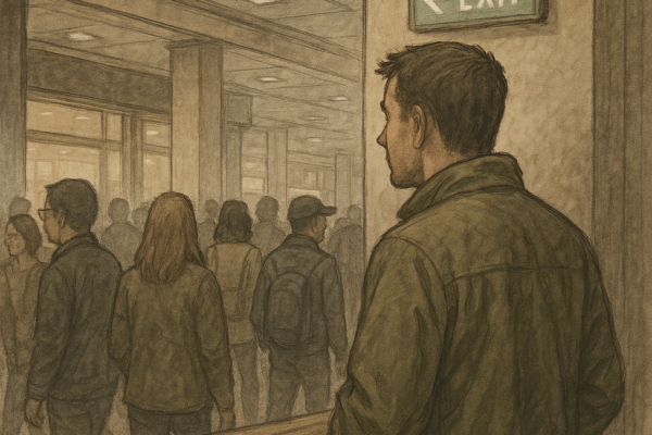 Foule dans un centre commercial, une personne observe en coin les sorties de secours
