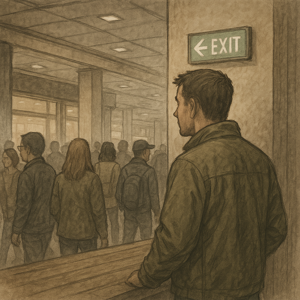 Foule dans un centre commercial, une personne observe en coin les sorties de secours