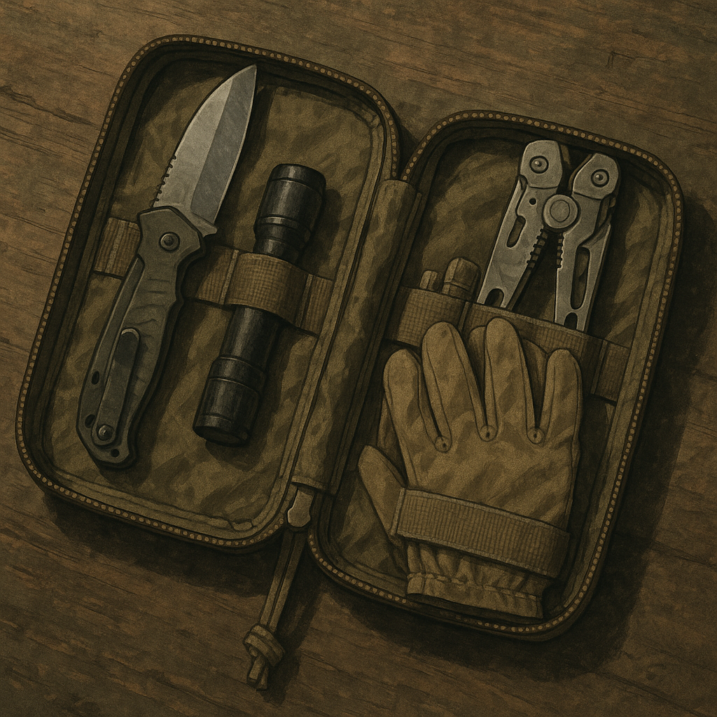 Trousse EDC ouverte sur une table en bois avec outils visibles